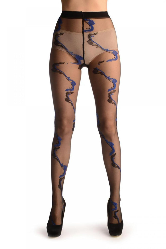 Liss Kiss Black With Dark Blue & Black Long Leaves - Tights