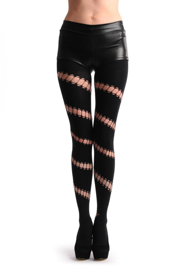 Liss Kiss Black With Diagonal Oval Ripped Wrapping Stripe - Tights