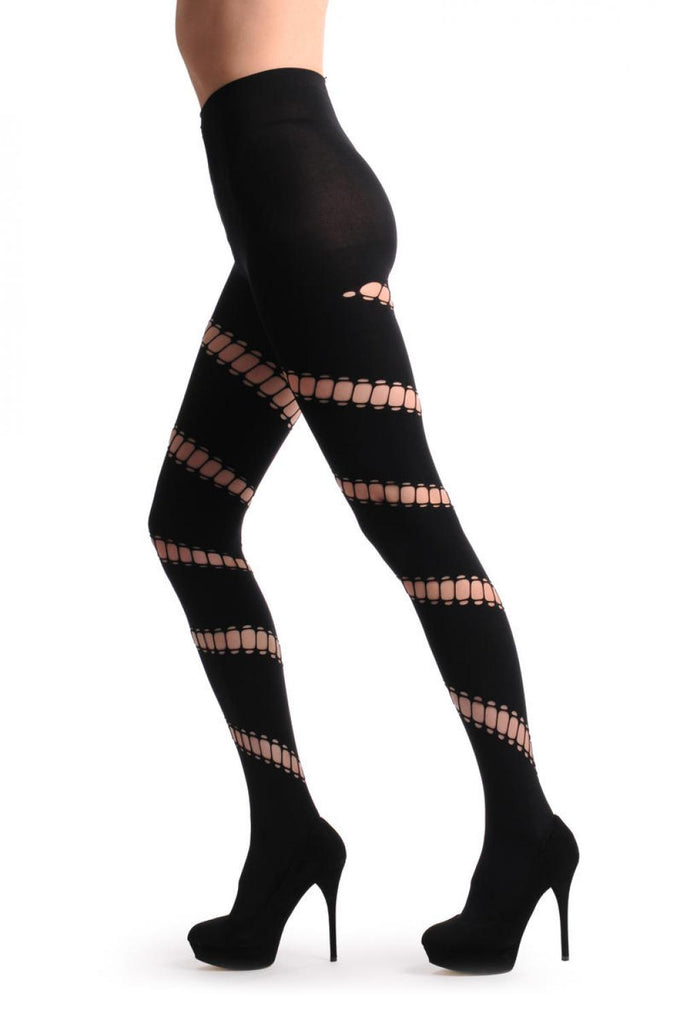 Liss Kiss Black With Diagonal Oval Ripped Wrapping Stripe - Tights