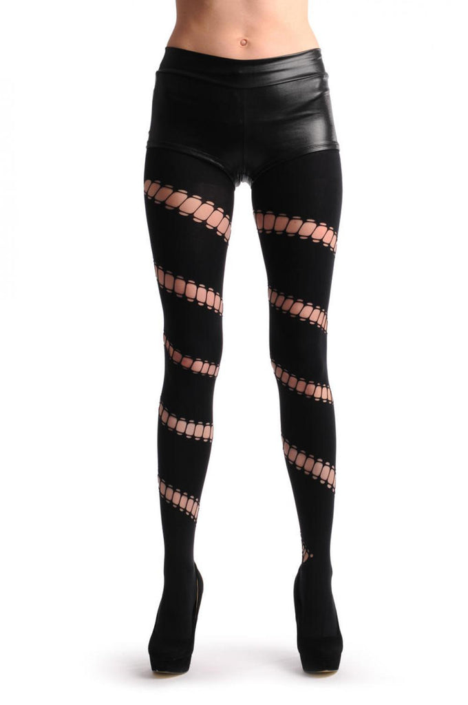 Liss Kiss Black With Diagonal Oval Ripped Wrapping Stripe - Tights