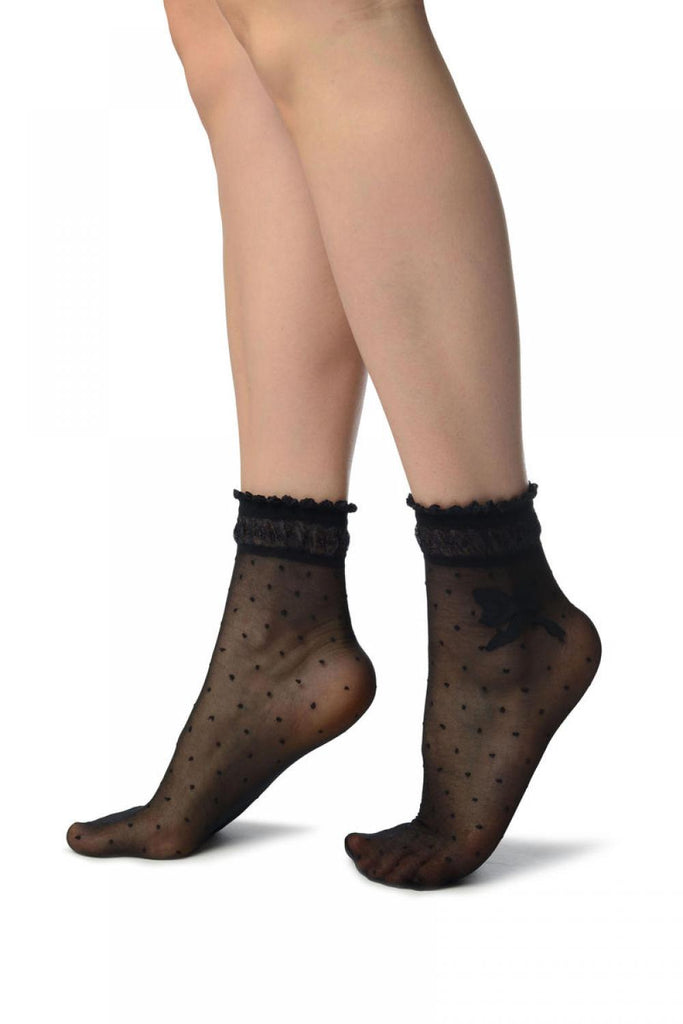 Liss Kiss Black With Dots & Bow Comfort Top Ankle High Socks - Socks