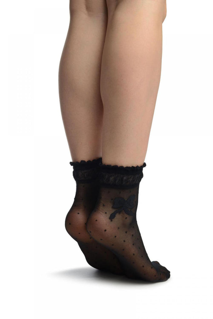 Liss Kiss Black With Dots & Bow Comfort Top Ankle High Socks - Socks