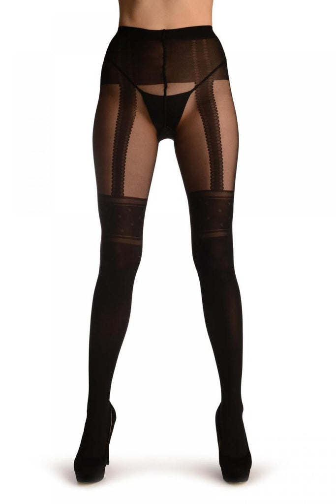 Liss Kiss Black With Dotted Garter & Faux Dotted Suspenders - Tights