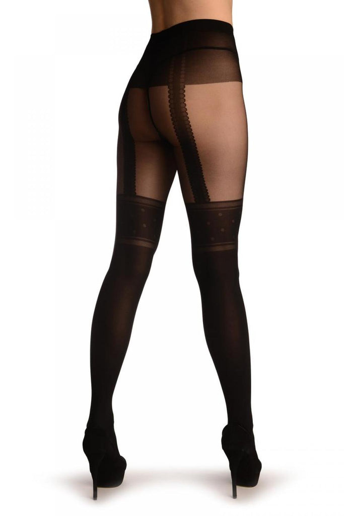 Liss Kiss Black With Dotted Garter & Faux Dotted Suspenders - Tights