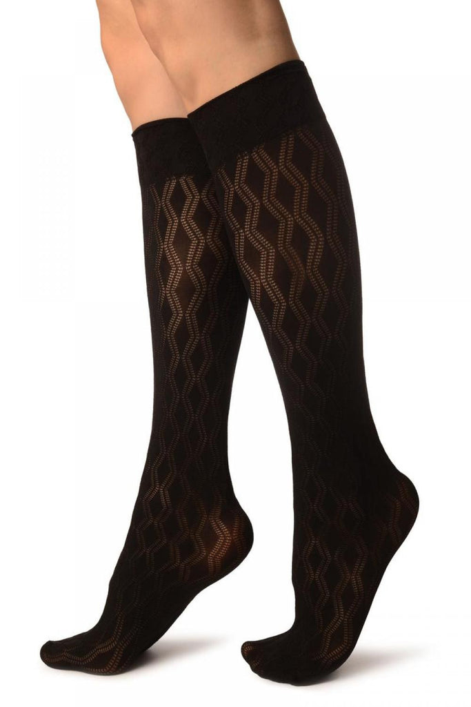Liss Kiss Black With Double Rhomb Socks Knee High - Socks