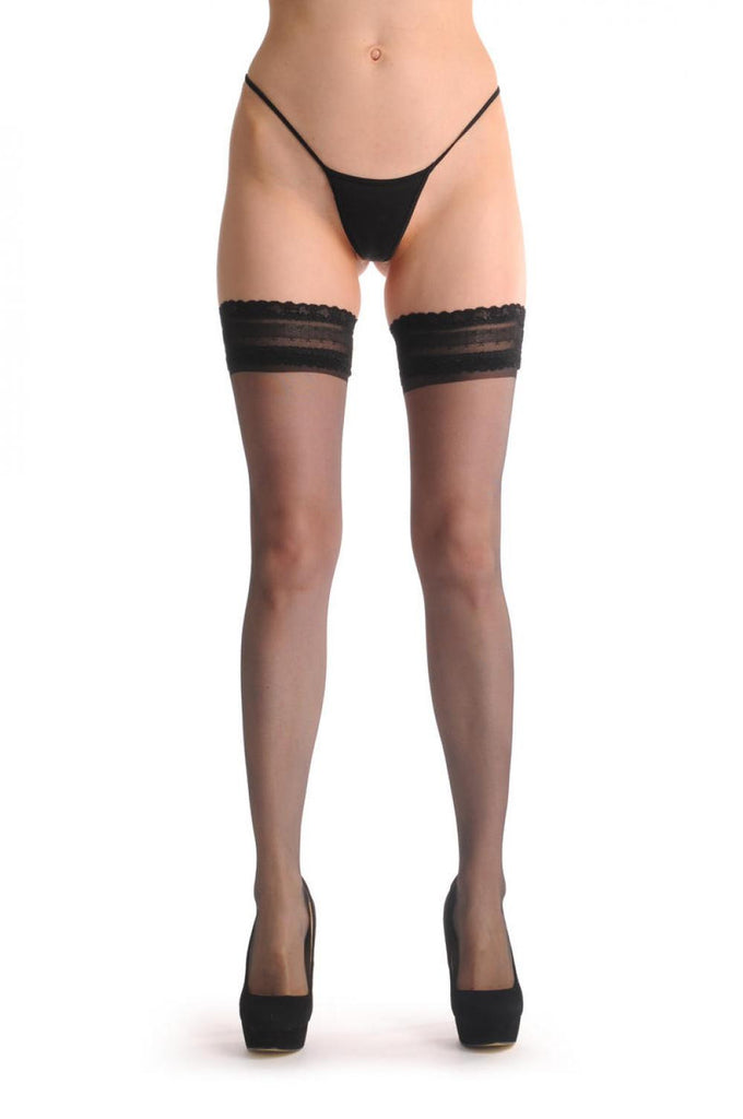 Liss Kiss Black With Double Silicon Lace With Two Little Crosses Stripes 6 Den - Hold Ups