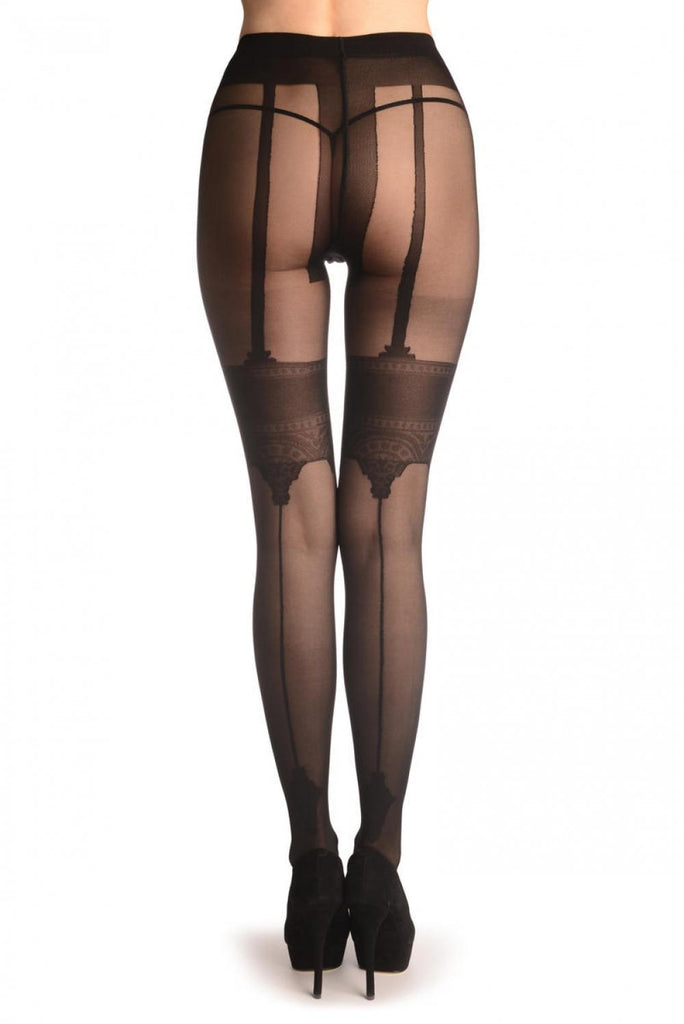 Liss Kiss Black With Faux Crowned Suspender Stockings & Back Seam - Tights