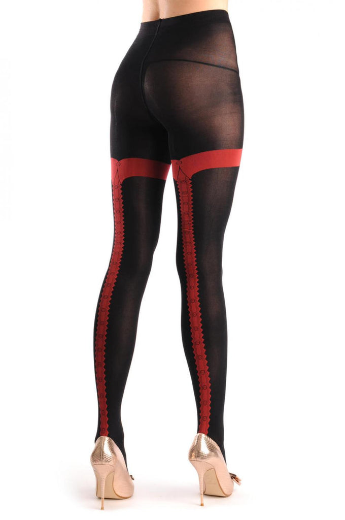 Liss Kiss Black With Faux Red Shirt Collar & Buttons Seam 80 Den - Tights
