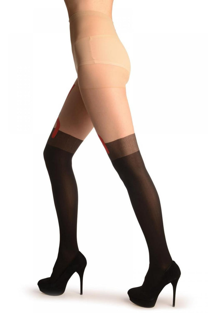 Liss Kiss Black With Faux Stockings & Red Garter Belt - Tights