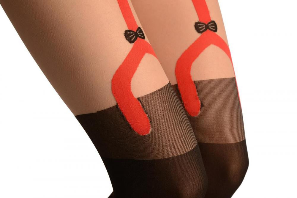 Liss Kiss Black With Faux Stockings & Red Garter Belt - Tights