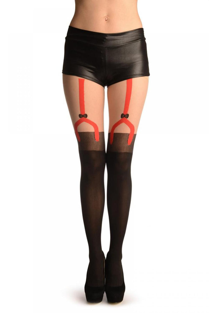 liss kiss Black With Faux Stockings & Red Garter Belt - Tights