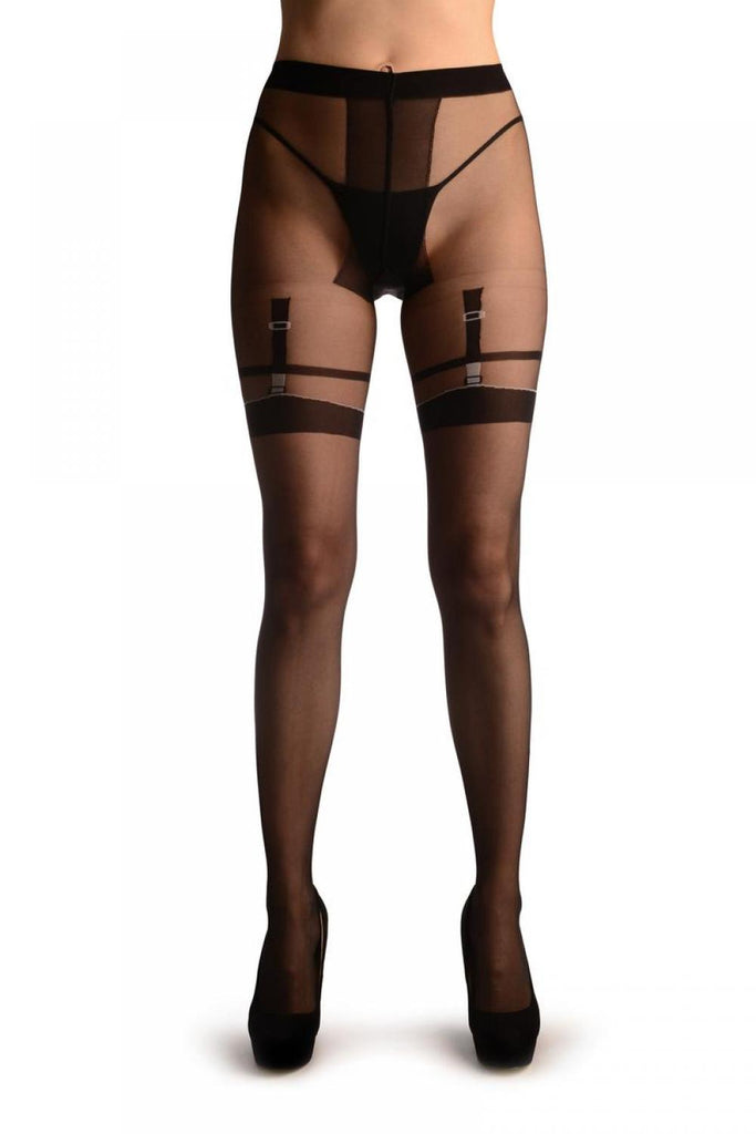 Liss Kiss Black With Faux Suspender Belt & Garters - Tights