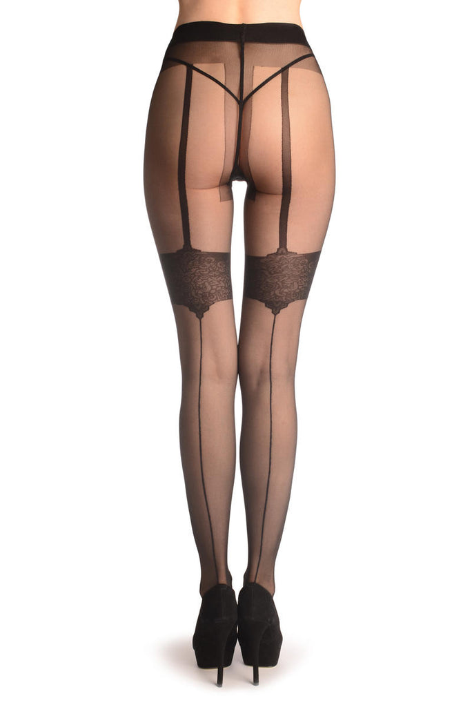 Liss Kiss Black With Faux Suspender Stockings & Back Seam - Tights