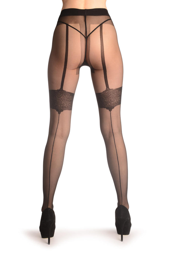 Liss Kiss Black With Faux Suspender Stockings & Back Seam - Tights