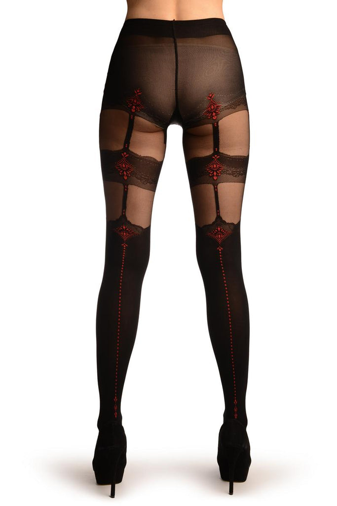 Liss Kiss Black With Faux Suspenders And Red Seam Stockings - Tights