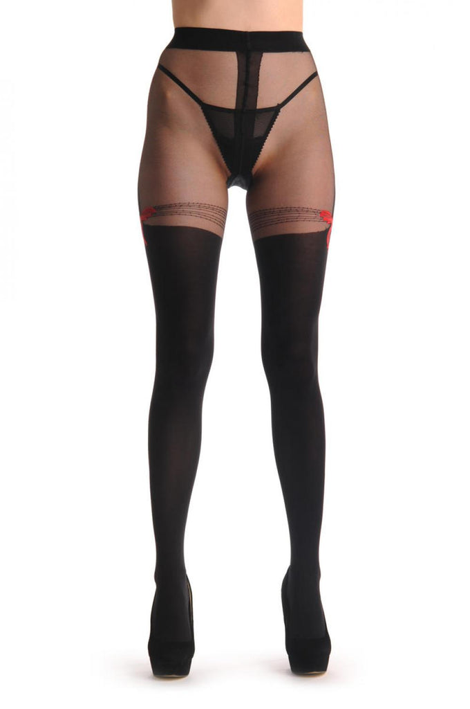 Liss Kiss Black With Faux Suspenders & Red Bow 60 Den - Tights