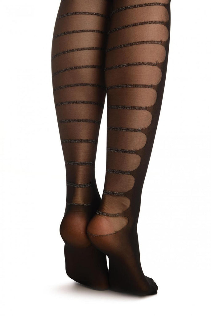 Liss Kiss Black With Faux Transparent Back Stockings & Silver Lurex Stripes - Tights