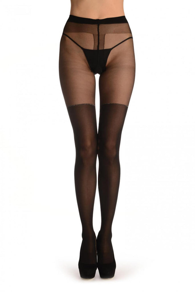 Liss Kiss Black With Faux Transparent Back Stockings & Silver Lurex Stripes - Tights