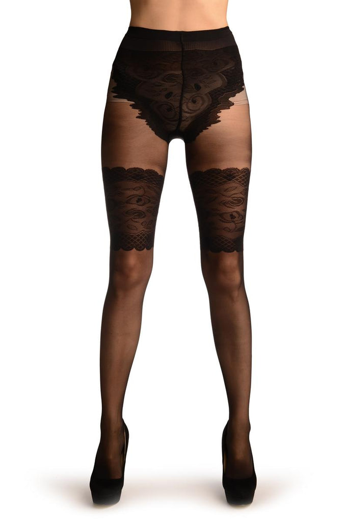 Liss Kiss Black With Faux Wide Floral Garter And Top - Tights