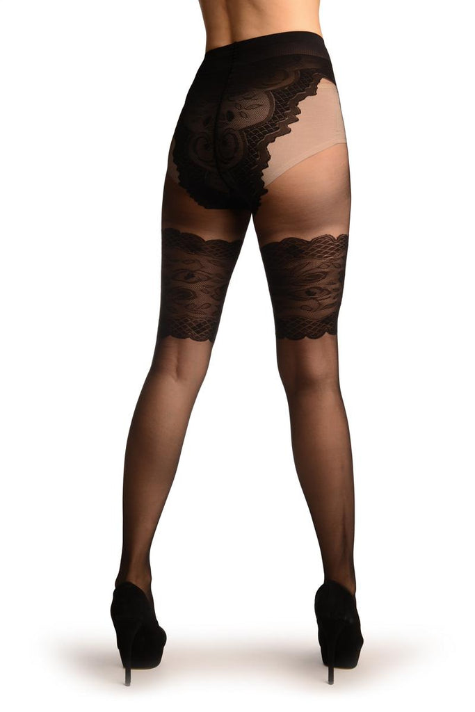 Liss Kiss Black With Faux Wide Floral Garter And Top - Tights