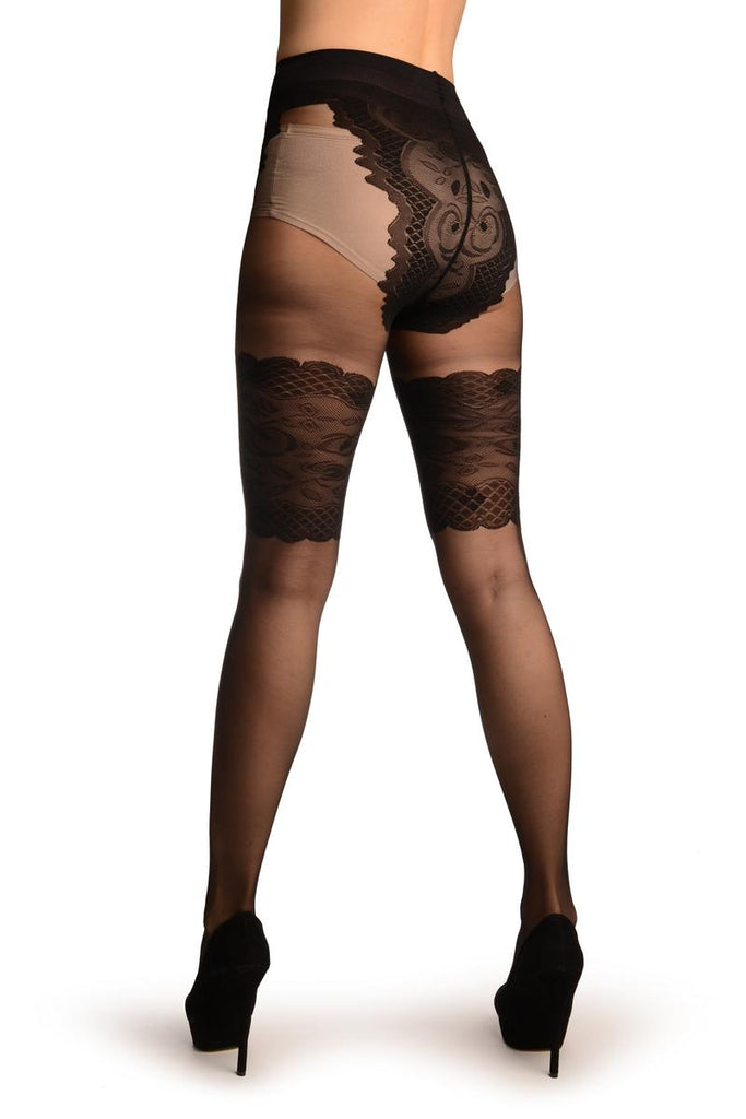 liss kiss Black With Faux Wide Floral Garter and Top - Tights