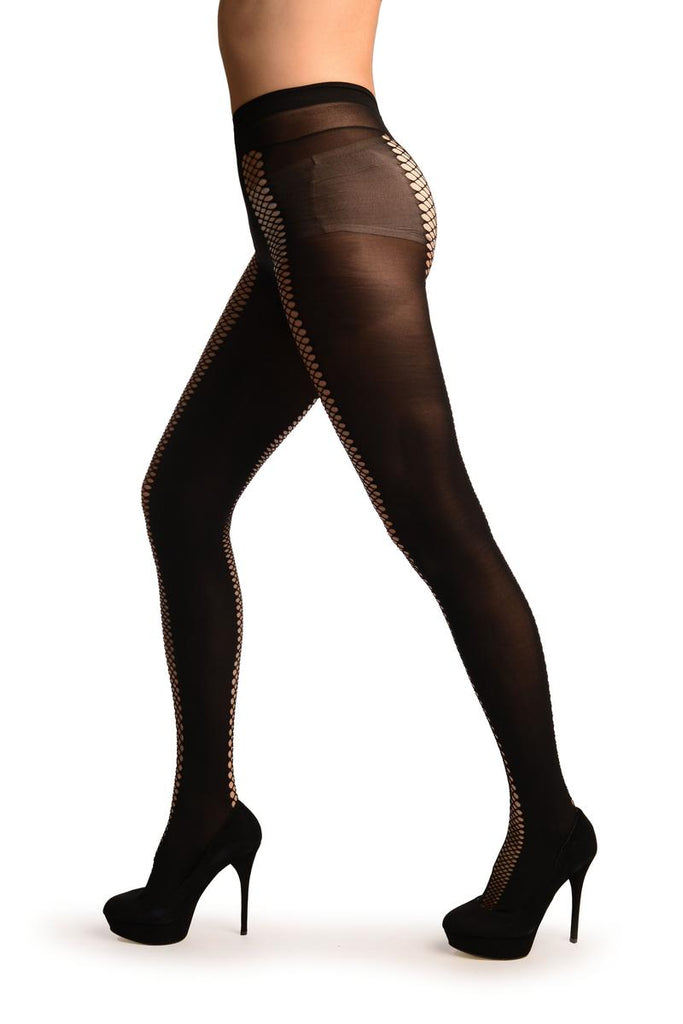 Liss Kiss Black With Fishnet Front & Back Seam Tights - Tights