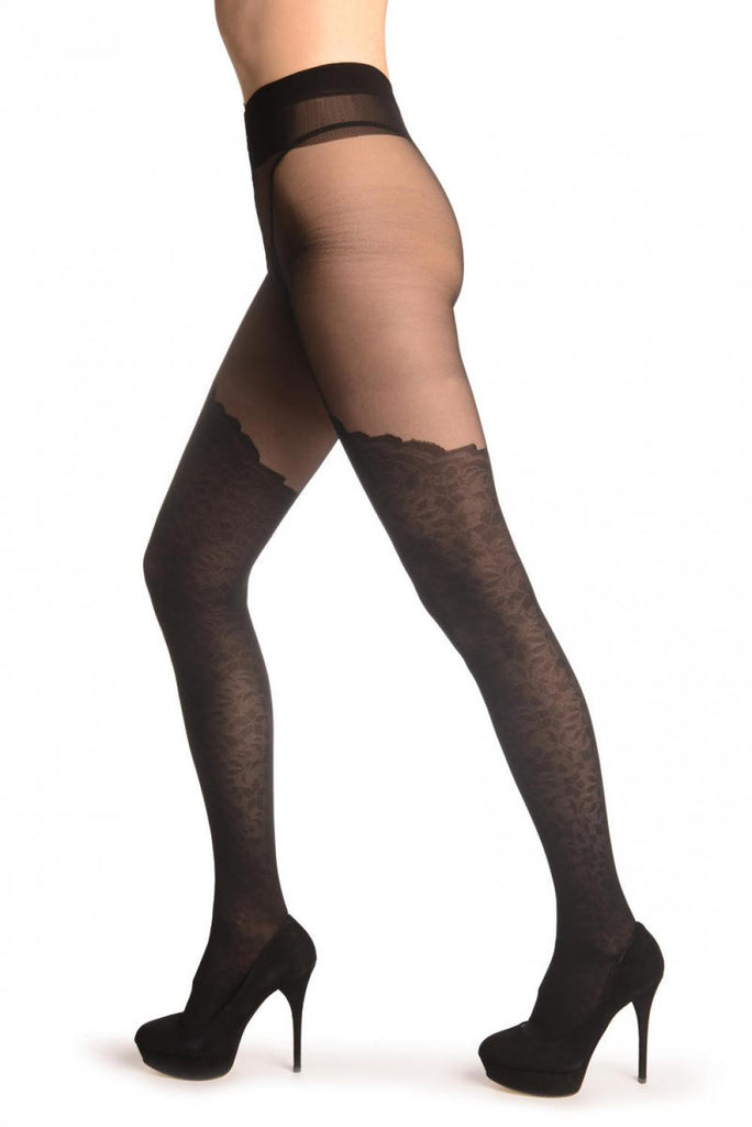 Liss Kiss Black With Floral Faux Stockings And Rounded Trim - Tights