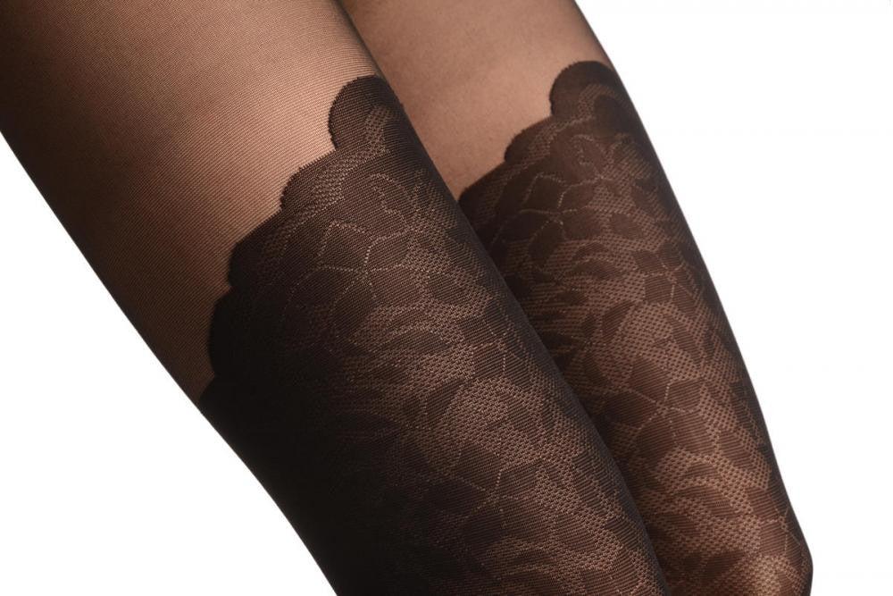 Liss Kiss Black With Floral Faux Stockings And Rounded Trim - Tights