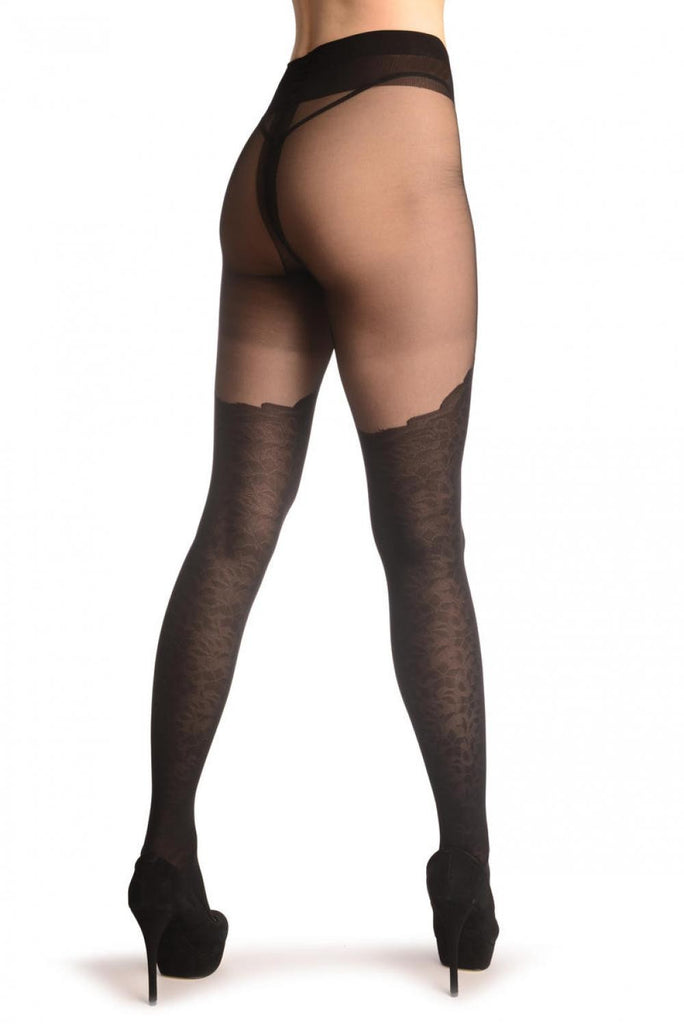 Liss Kiss Black With Floral Faux Stockings And Rounded Trim - Tights