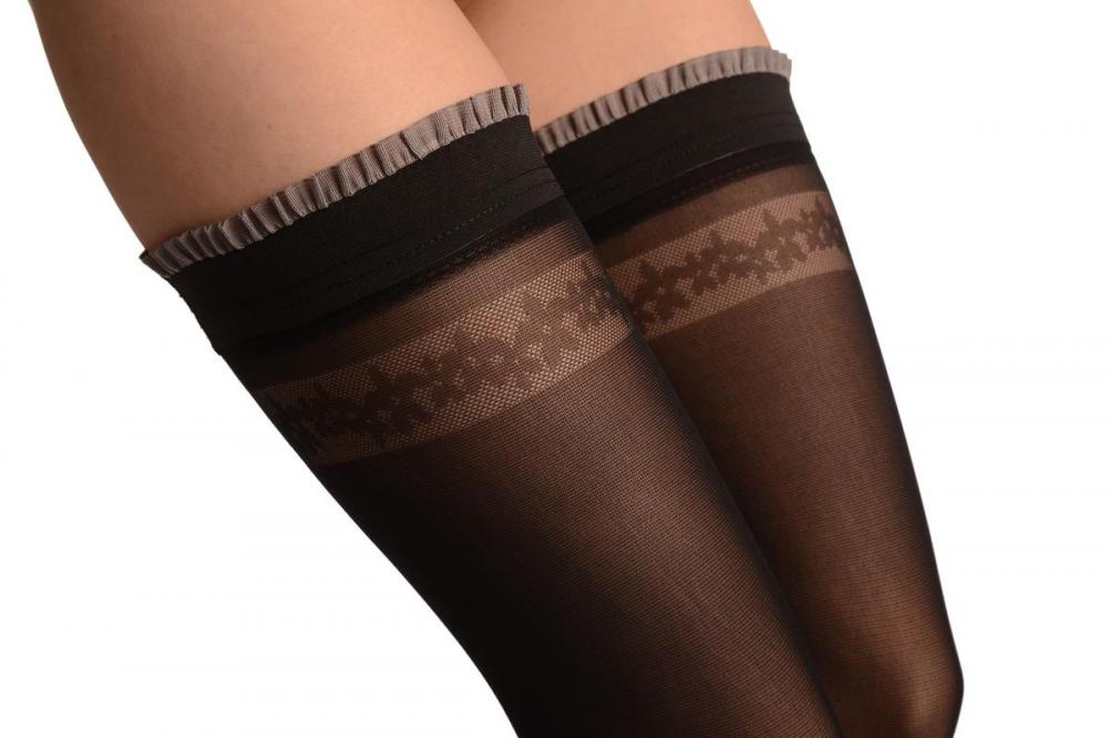 Liss Kiss Black With Floral Top And Grey Raffle Silicon Garter - Hold Ups