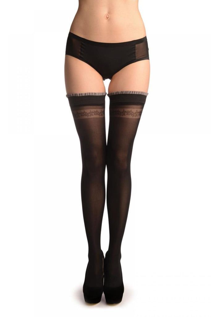 liss kiss Black With Floral Top And Grey Raffle Silicon Garter - Hold Ups