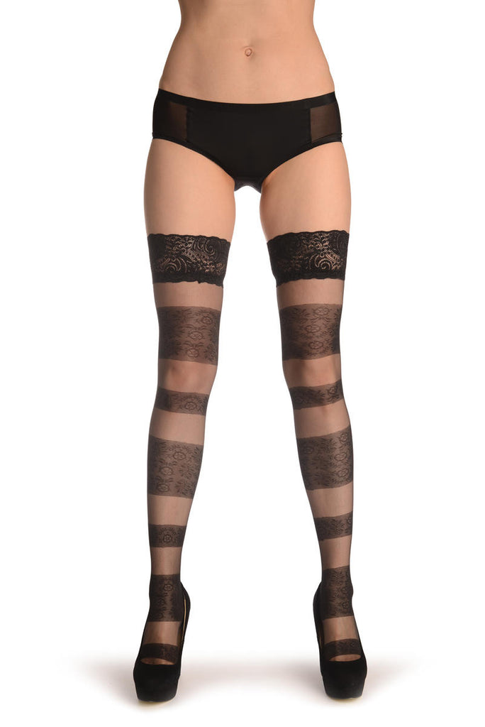Liss Kiss Black With Floral & Transparent Stripes - Hold Ups