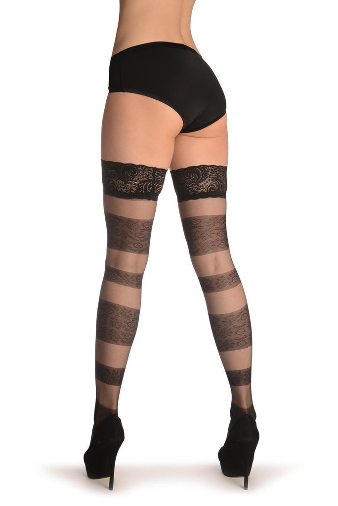 Liss Kiss Black With Floral & Transparent Stripes - Hold Ups