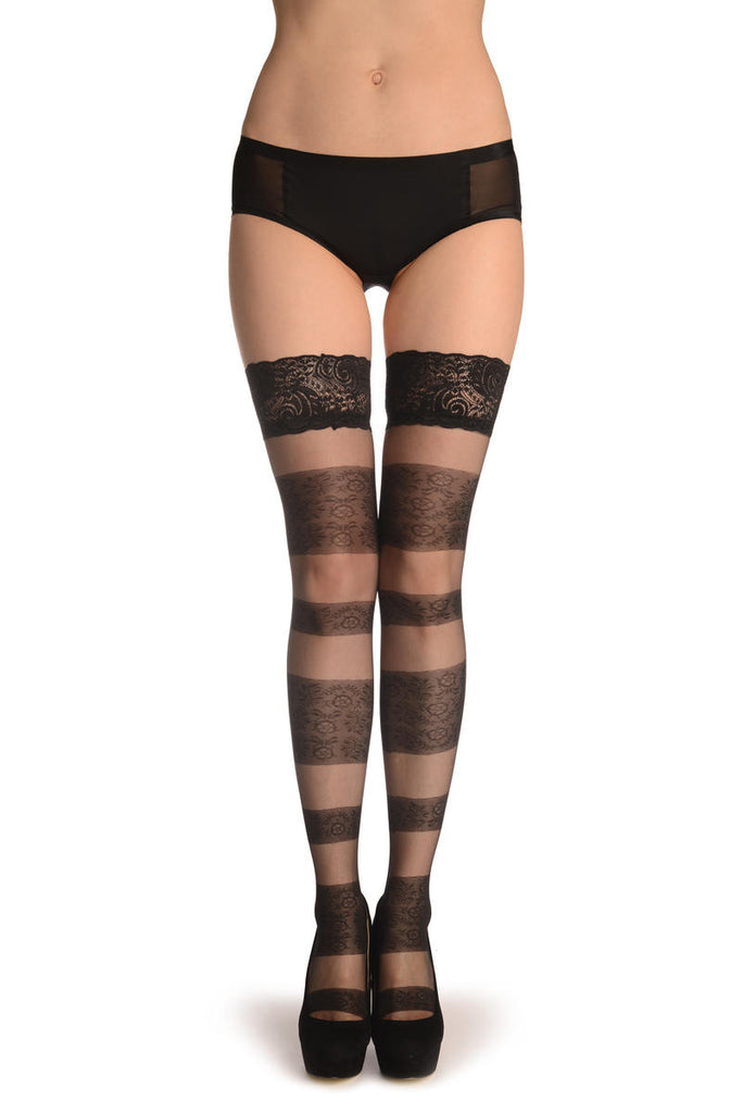 liss kiss Black With Floral & Transparent Stripes - Hold Ups