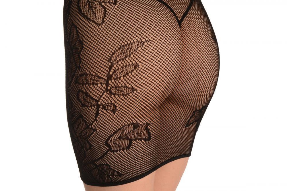 Liss Kiss Black With Flowers Around The Neck Mini Dress (Bodystocking) - Bodystocking