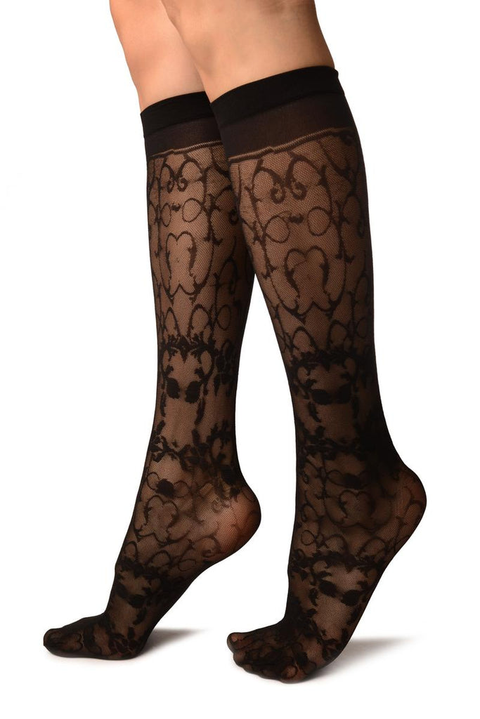 Liss Kiss Black With Flowers & Hearts Knee High Socks - Socks