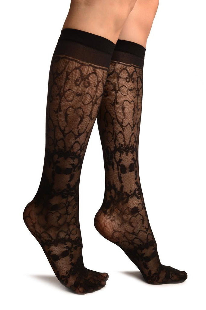 liss kiss Black With Flowers & Hearts Knee High Socks - Socks