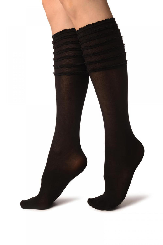 Liss Kiss Black With Frilly Top Knee High Socks - Socks