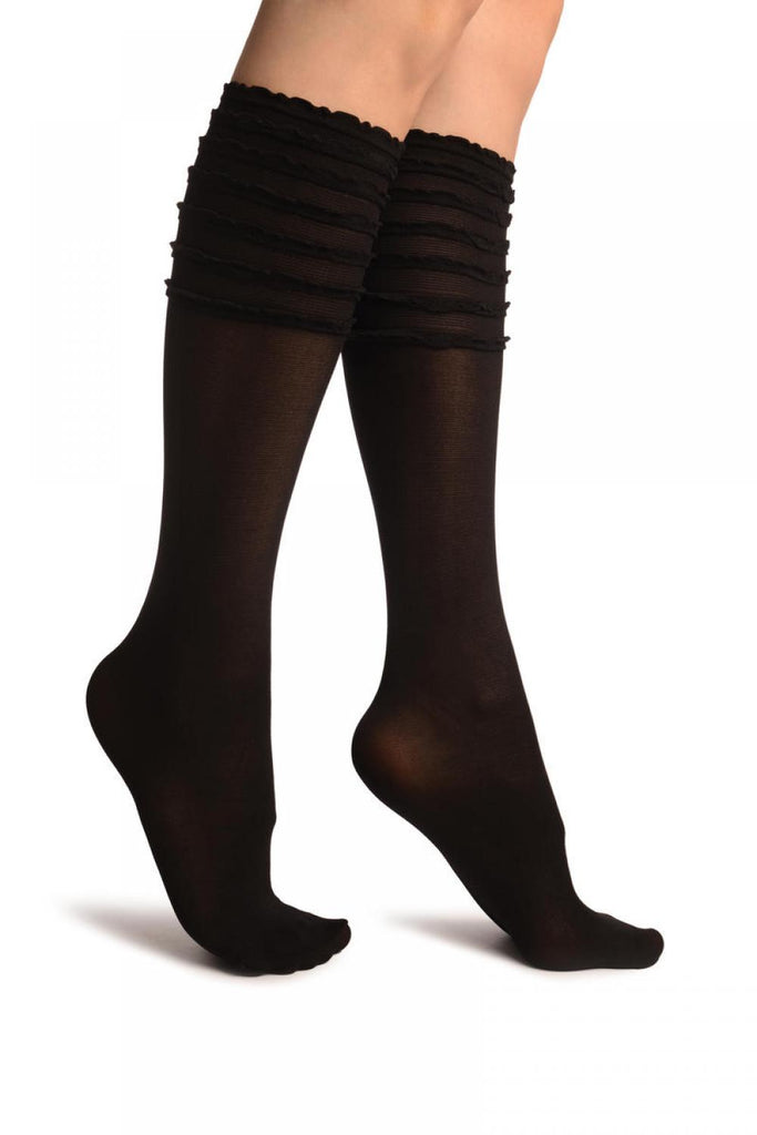 liss kiss Black With Frilly Top Knee High Socks - Socks