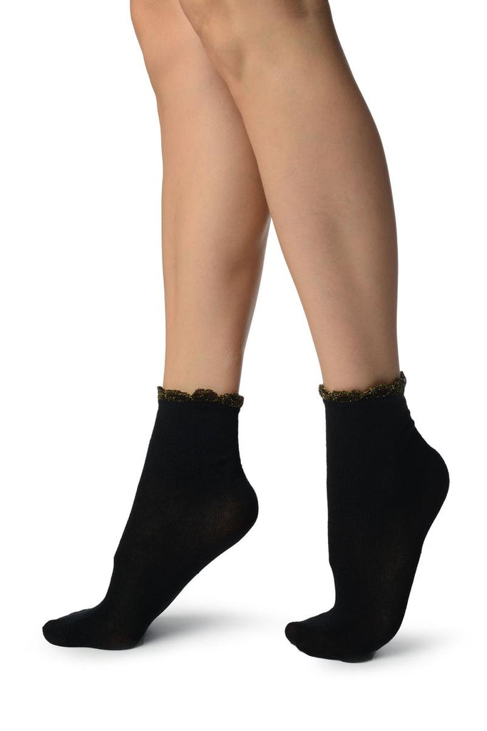 Liss Kiss Black With Gold Lurex Petals Top Ankle High Socks - Socks