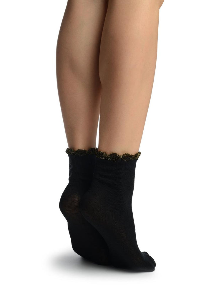 Liss Kiss Black With Gold Lurex Petals Top Ankle High Socks - Socks