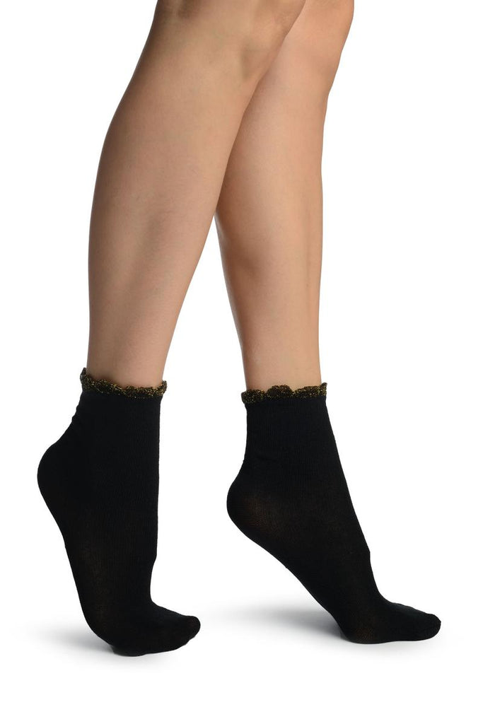 liss kiss Black With Gold Lurex Petals Top Ankle High Socks - Socks