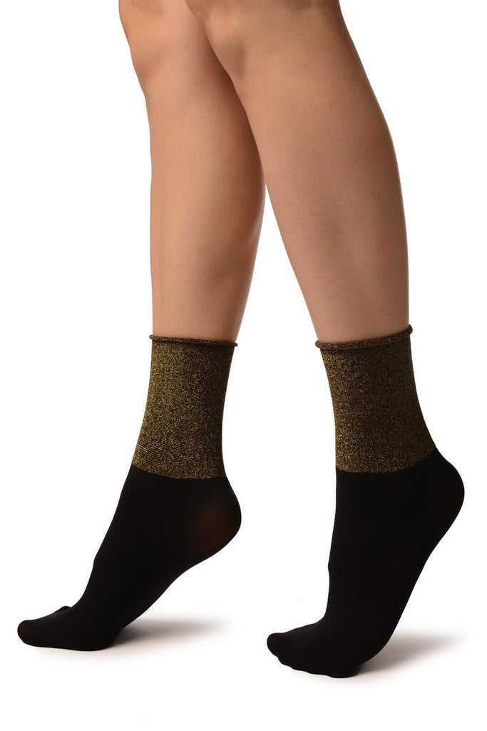 Liss Kiss Black With Gold Lurex Wide Stripe Top Ankle High Socks - Socks