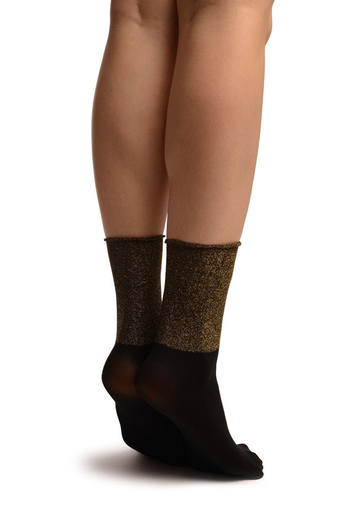 Liss Kiss Black With Gold Lurex Wide Stripe Top Ankle High Socks - Socks