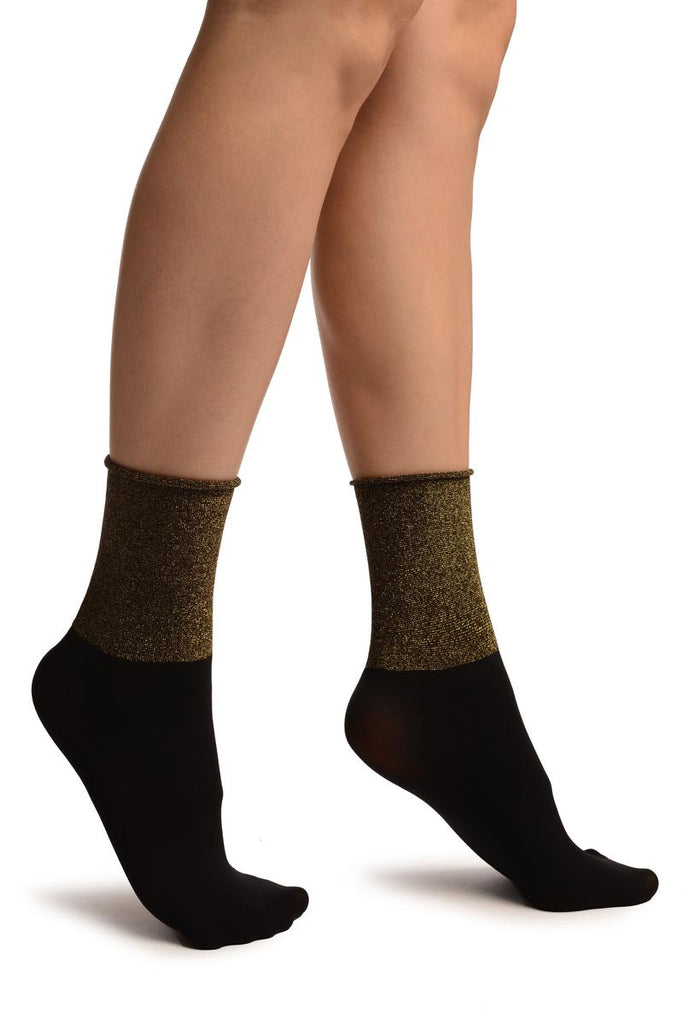 liss kiss Black With Gold Lurex Wide Stripe Top Ankle High Socks - Socks