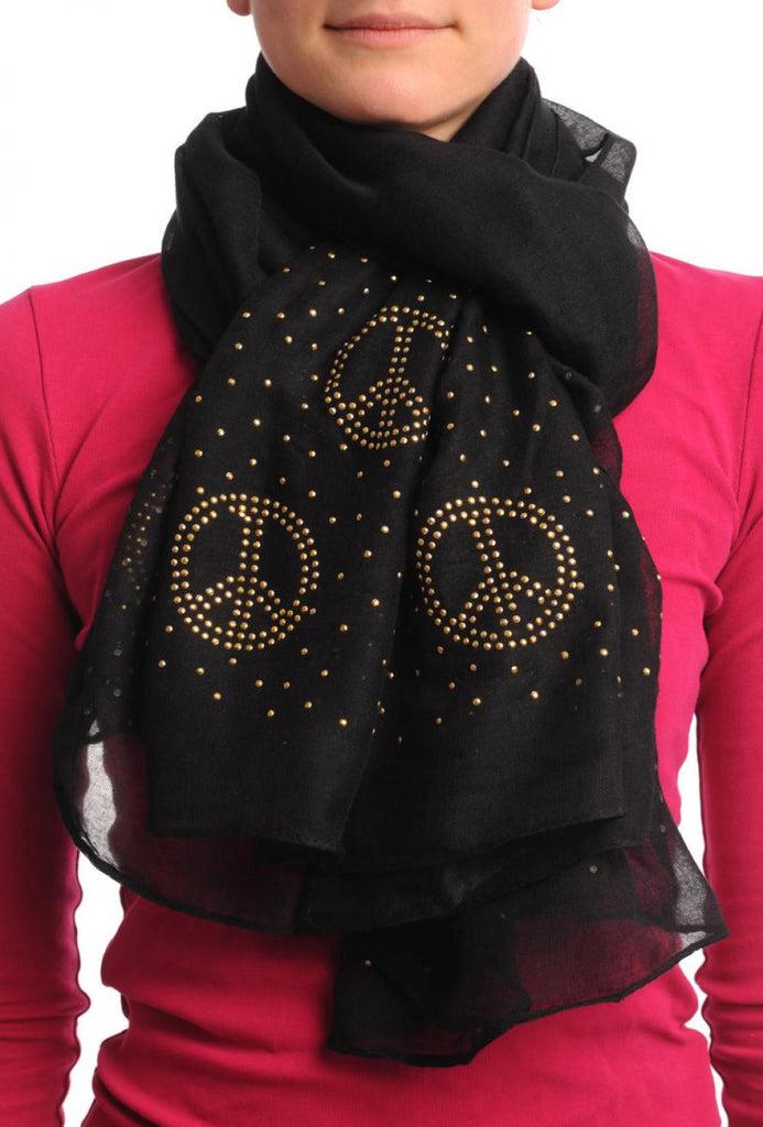 liss kiss Black With Gold Studded Peace Signs Unisex Scarf & Beach Sarong - Scarf