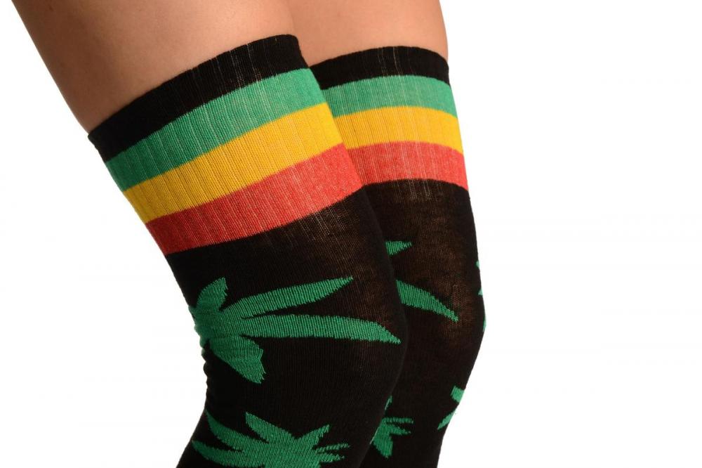 Liss Kiss Black With Green Leaves And Stripes Over The Knee Socks - Over The Knee Socks