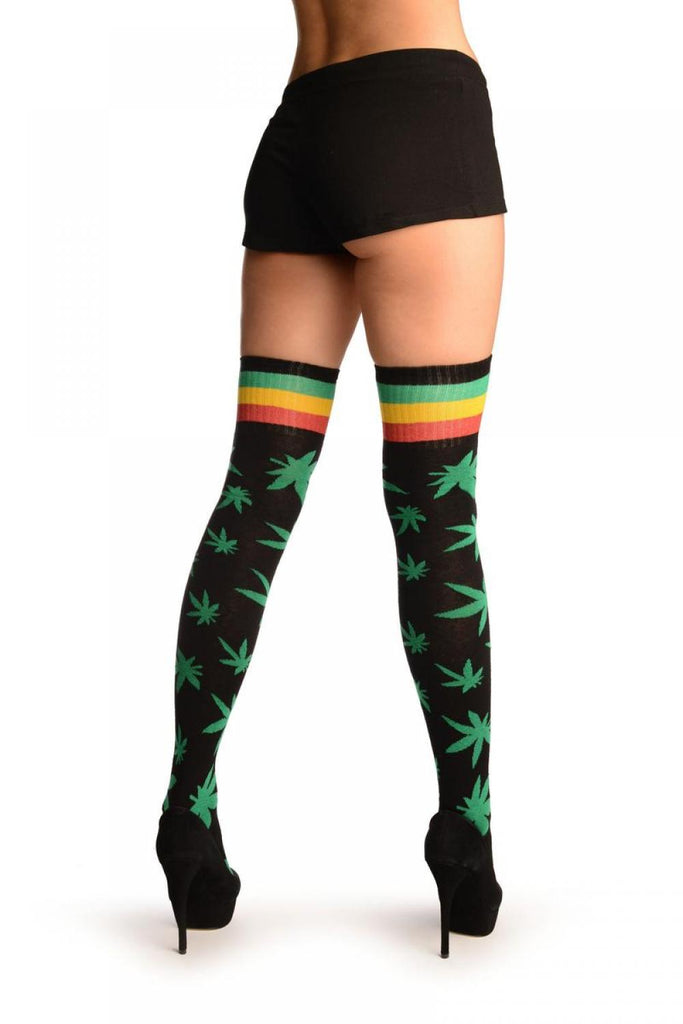 Liss Kiss Black With Green Leaves And Stripes Over The Knee Socks - Over The Knee Socks