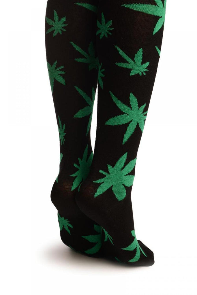 Liss Kiss Black With Green Leaves And Stripes Over The Knee Socks - Over The Knee Socks