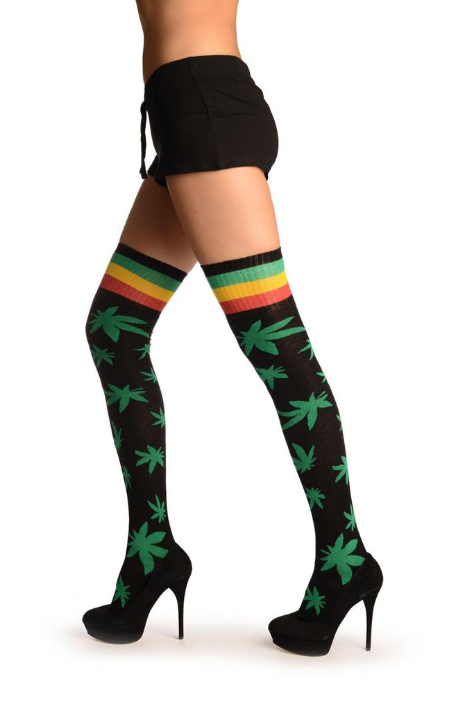 Liss Kiss Black With Green Leaves And Stripes Over The Knee Socks - Over The Knee Socks